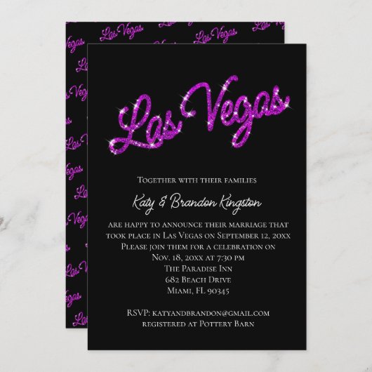 Lila Las Vegas Glitzern Post Hochzeit Einladung (Vorne/Hinten)