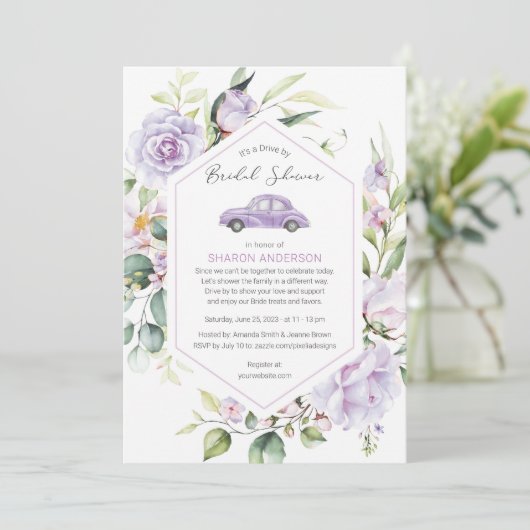 Lila Laufwerk durch Brautparty florales Laufwerk d Einladung (Stehend Vorderseite)