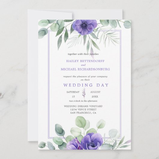 Lila Lavendel Anemones und Grünstreifen Einladung (Vorderseite)