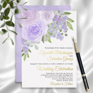 Lila Lavendel-Aquarell-Blumen Elegante Hochzeit Folieneinladung