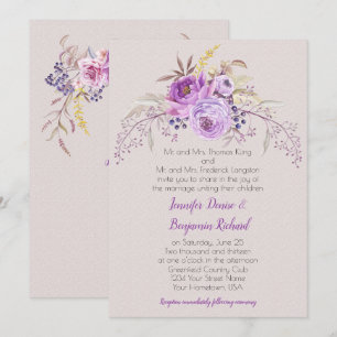 Lila Lavendel-Aquarell-Blumenrosen-Hochzeit Einladung