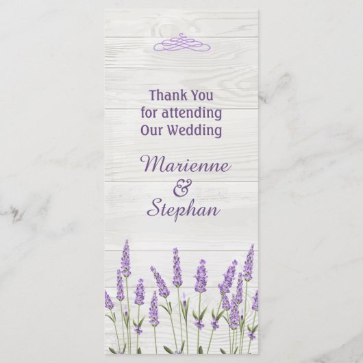 Lila Lavendel-Blume auf der HolzWedding Menükarte (Rückseite)
