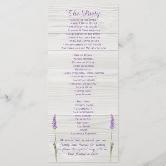 Lila Lavendel-Blume auf Holzhochzeit Programm (Rückseite)