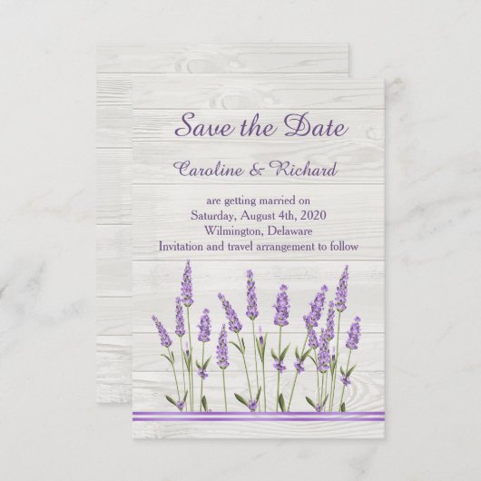 Lila Lavendel-Blume Save the Date auf Holz (Vorne/Hinten)