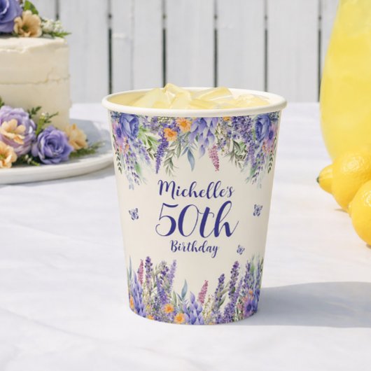 Lila Lavendel Blumen 50. Geburtstag Pappbecher