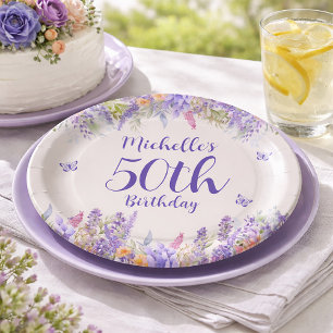 Lila Lavendel Blumen 50. Geburtstag Pappteller