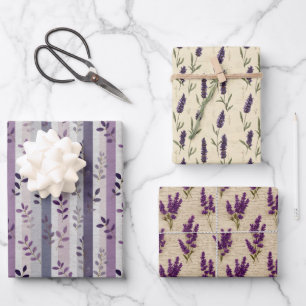 Lila Lavendel Blumen Botanische Streifen Geburtsta Geschenkpapier Set