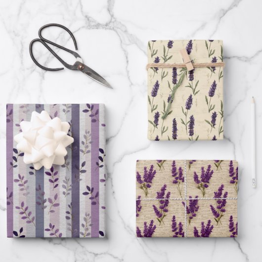 Lila Lavendel Blumen Botanische Streifen Geburtsta Geschenkpapier Set (Vorderseite)