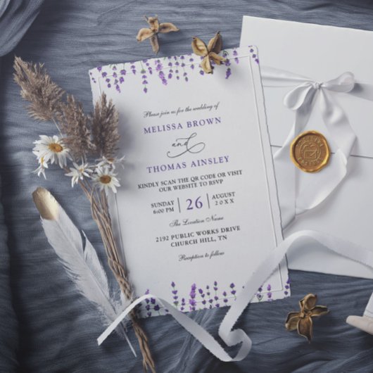 Lila Lavendel Blumen Budget QR-Code Hochzeit Einladung