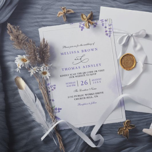 Lila Lavendel Blumen Rustikale QR-Code-Hochzeit Einladung