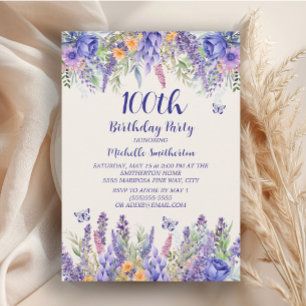 Lila Lavendel Blumen Schmetterlinge 100. Geburtsta Einladung