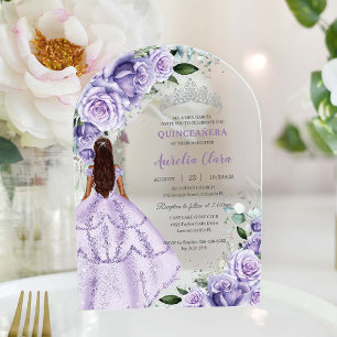 Lila Lavendel Blumen Silber Quinceañera Sweet 16 Acryleinladungen