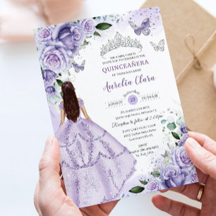 Lila Lavendel Blumen Silber Quinceanera Sweet 16 Einladung