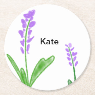 Lila Lavendel Blumen Wasserfarbe Name Text hinzufü Runder Pappuntersetzer