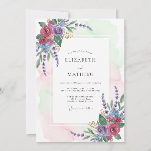 Lila Lavendel Blumenbogen Hochzeit Einladung (Vorderseite)
