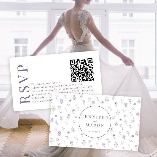 Lila Lavendel-Blütenhochzeit RSVP QR-Codelkarten Begleitkarte