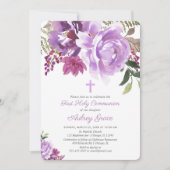 Lila Lavendel-Blütenmädchen erster heiliger Kommun Einladung (Vorderseite)