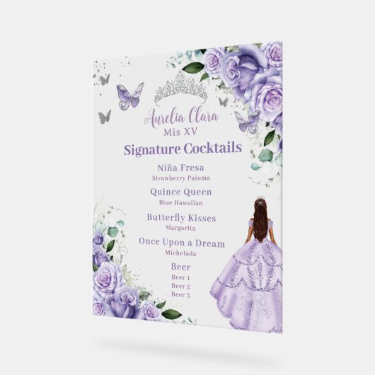 Lila "Lavendel Floral Quinceanera" Cocktails Menü Acrylschild (Winkel)