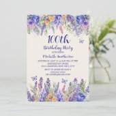 Lila Lavendel-Floral-Schmetterlinge 100. Geburtsta Einladung (Stehend Vorderseite)