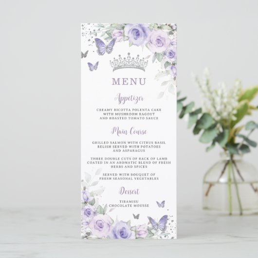 Lila Lavendel-Floral-Schmetterlinge Slim Menu Menükarte (Stehend Vorderseite)