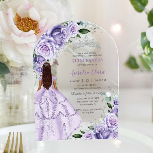 Lila Lavendel Floral Silber Quinceañera Sweet 16 Acryleinladungen