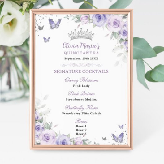 Lila Lavendel Floral Silver Quinceañera Bar Menu Poster