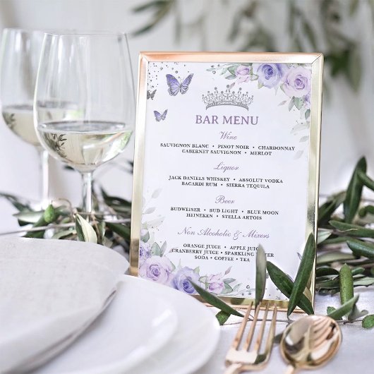 Lila Lavendel Floral Silver Quinceañera Bar Menu Poster