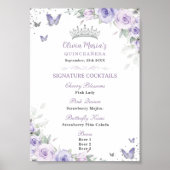 Lila Lavendel Floral Silver Quinceañera Bar Menu Poster (Vorne)