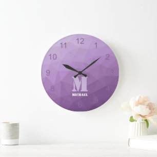 Lila Lavendel Geometrie-Netzmuster Monogramm Große Wanduhr