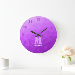Lila Lavendel Geometrie-Netzmuster Monogramm Große Wanduhr