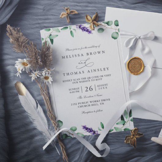 Lila Lavendel Grün Rustikale QR-Code-Hochzeit Einladung