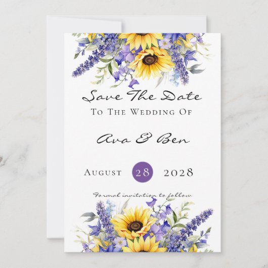 Lila Lavendel mit Sonnenblumenkarte Save the Date Einladung (Vorderseite)