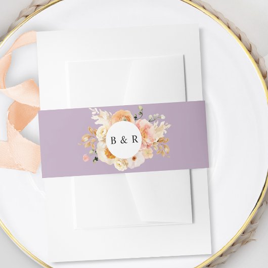 Lila Lavendel Peach Floral Monogram Wedding Einladungsbanderole