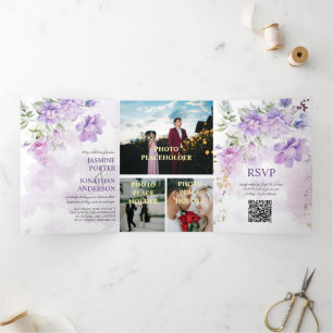 Lila Lavendel Pfingstrose Blumen Dreifach-Hochzeit Dreifach Gefaltete Einladung