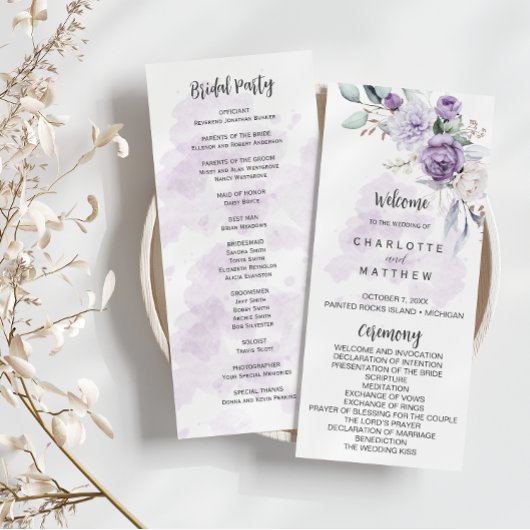 Lila Lavendel-Pfingstrosen-Floral-Hochzeitsprogram Einladung