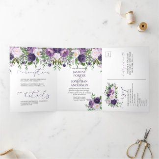 Lila, Lavendel, Pink Floral Boho Hochzeit | Dreifach Gefaltete Einladung