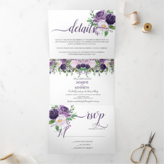 Lila Lavendel Pink Rose Hochzeit Dreifach Gefaltete Einladung