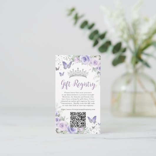 Lila Lavendel-Quinceanera-Geschenkregister Begleitkarte (Stehend Vorderseite)