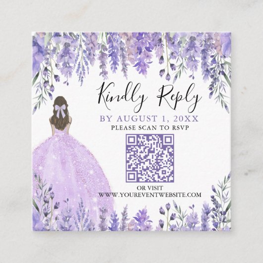 Lila Lavendel Quinceanera QR-Code UAWG Begleitkarte (Vorderseite)