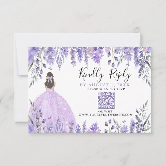 Lila Lavendel Quinceanera QR-Code UAWG RSVP Karte (Vorderseite)