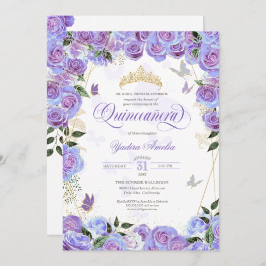Lila Lavendel Rose Elegante Butterfly Quinceanera Einladung (Vorne/Hinten)
