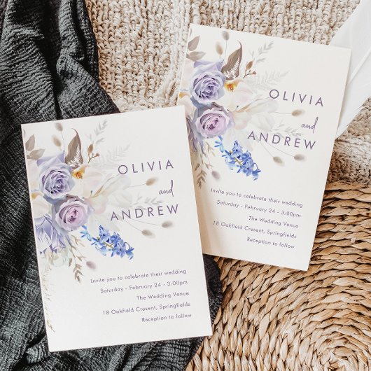 Lila Lavendel Rose Moderne Hochzeit Einladung