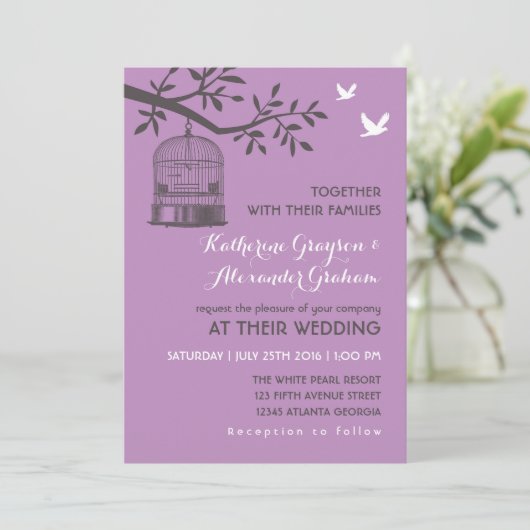 Lila Lavendel Rustikaler Vogelkäfig Einladung (Stehend Vorderseite)