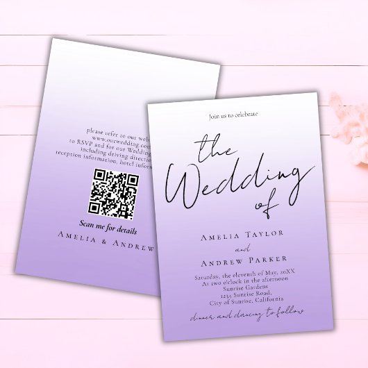Lila Lavendel-Script-Elegant QR-Code Hochzeit Einladung