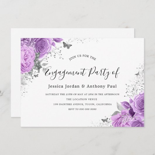 Lila Lavendel Sparkle-Blume-Partnerin Einladung (Vorne/Hinten)