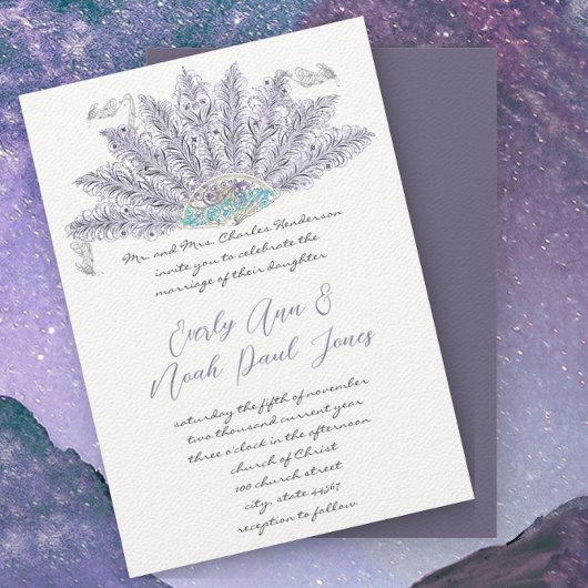 Lila Lavendel Vintag Feather Fan Wedding Einladung