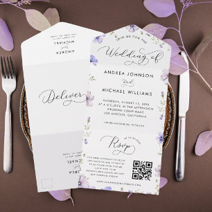 Lila Lavendel Violette Wildblumen QR-Code Hochzeit All In One Einladung