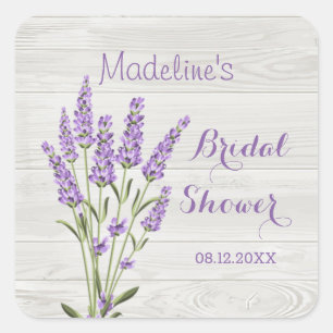Lila Lavendelblumen auf Holz Brautdusche Quadratischer Aufkleber