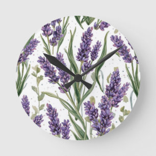 Lila Lavendelblüten Aquarell Botanisch Runde Wanduhr