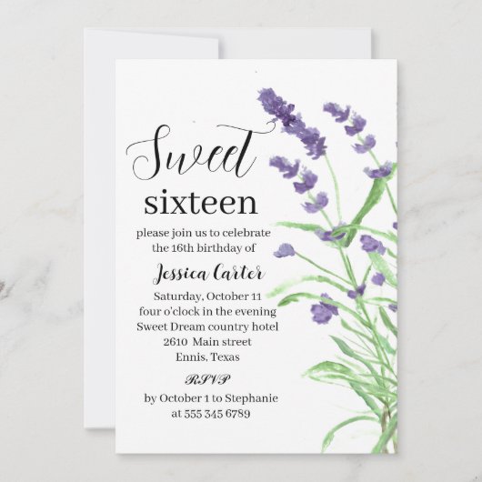 Lila Lavendelblütensüß 16 16 16 Einladung (Vorderseite)